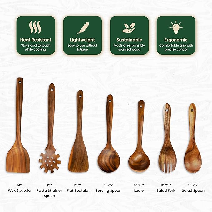 Premium Teak Wooden Utensil Set, 7-Piece Handcrafted Cooking Spoons & Spatulas – Nonstick Safe, Durable, Heat-Resistant Wooden Utensils for Everyday Cooking