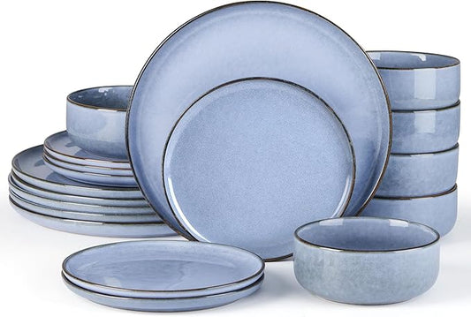 E-far Dinnerware Sets for 6, 18-Piece Plates and Bowls Set, Reactive Glaze Dishes, Stoneware Dinning Ware Set, Microwave & Dishwasher Safe - Ocean Blue