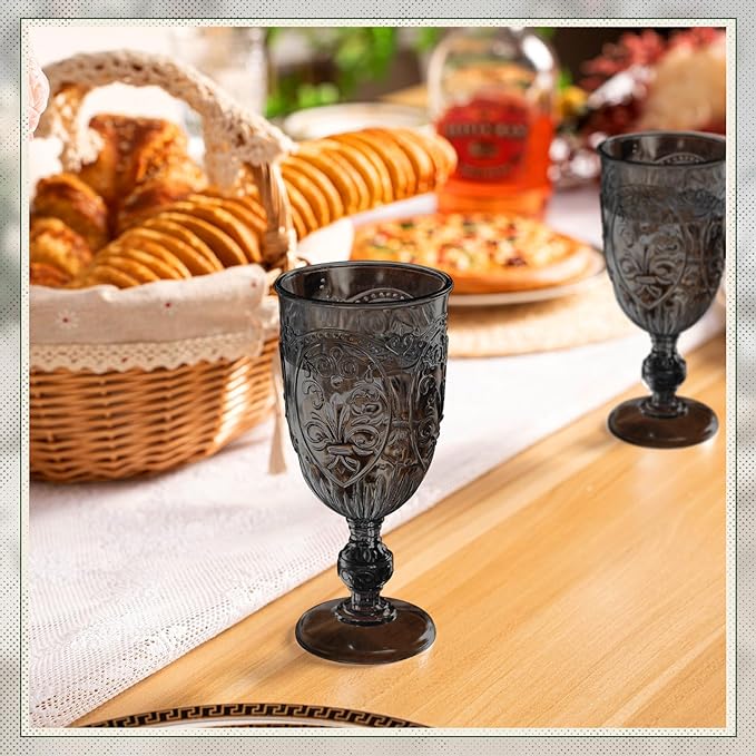 6 Pcs Plastic Goblets 7.5oz Vintage Goblet Plastic Wine Glasses Colored Retro Embossed Water Goblets for Wine Bar Juice Baby Shower Wedding Reception Grand Event Party (Black)
