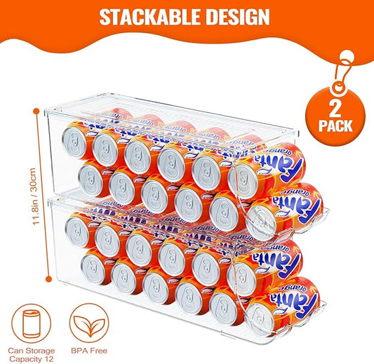 2 Pack Soda Can Organizer for Refrigerator, Stackable Canned Food Pop Cans Container Can Holder Dispenser with Lid for Fridge Rack Freezer, Clear Storage Bins-Holds 12 Cans Each (Clear)