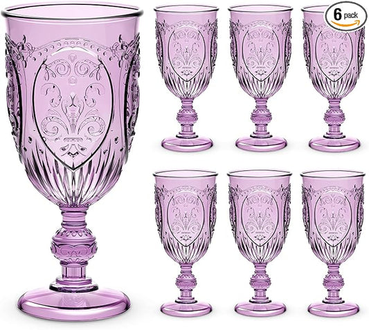6 Pcs Plastic Goblets 7.5oz Vintage Goblet Plastic Wine Glasses Colored Retro Embossed Water Goblets for Wine Bar Juice Baby Shower Wedding Reception Grand Event Party (Purple)