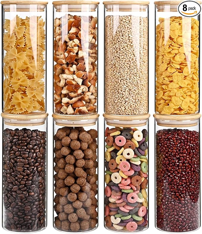 34oz Glass Food Storage Jars, Glass Jars with Bamboo Lids, Kitchen Storage Jars, Set of 8, Canisters with Airtight Lids for Spice, Coffee, Cookie, Pantry Organizers