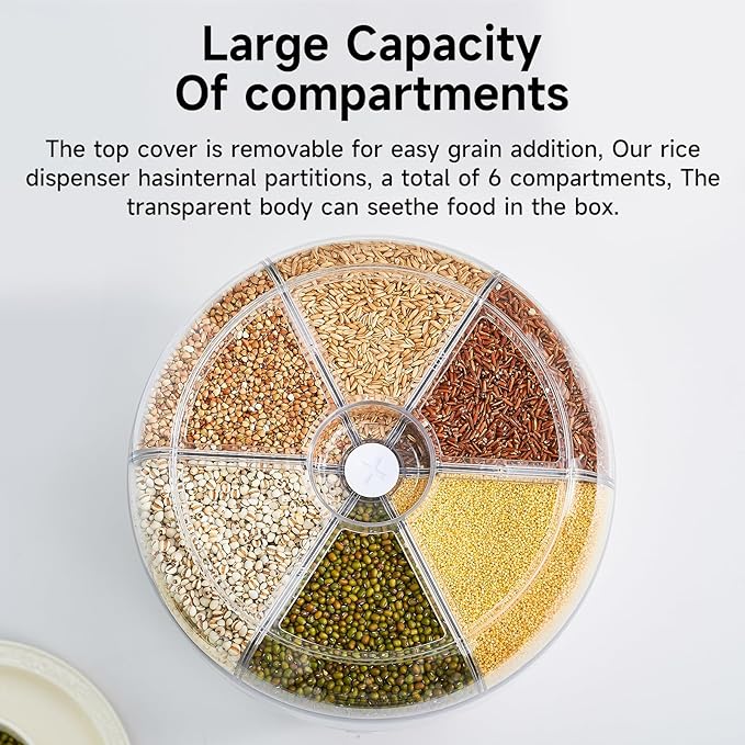 Rice Dispenser | 360° Rotating Grain Storage Bin - 6 Grids, 20LBS Large Capacity Food Container, Moisture-Proof, One-Click Output for Rice, Beans & Pet Food - Kitchen Pantry Organizer