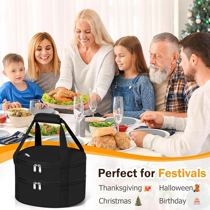 Round Double Insulated Casserole Carrier, Pie Carrier Bag, Portable Casserole Carrier for Hot or Cold Food Lunch Tote, Lunch Bag for Parties Picnic, Fits 12.5" Baking Dish, Black