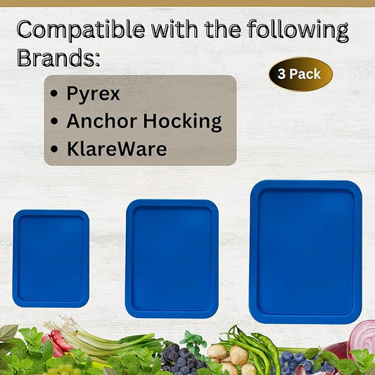 3, 6 & 9 Cup Blue Replacement Lids/Covers for Pyrex, Anchor Hocking & KlareWare Storage Bowls *Lids Only Glass Container Not Included* (3 Pack *One of Each Size*)