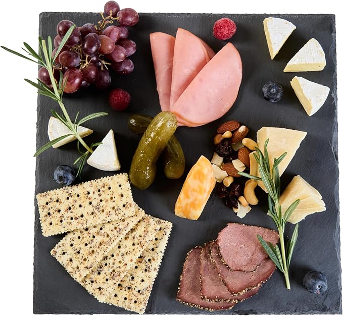 Restaurantware Slate Serving Trays 4 Pack of 12 x 12" Foam Feet Charcuterie Stone Plates Rustic Edges Freezable Black Square Serving Display Cheese Boards for Kitchen, Gourmet, Dining, Parties
