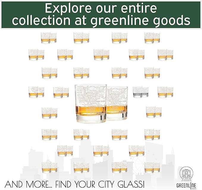 Greenline Goods Whiskey Glasses - 10 oz Tumbler Set for San Diego lovers, Etched with San Diego Map Old Fashioned Rocks Glass - Set of 2