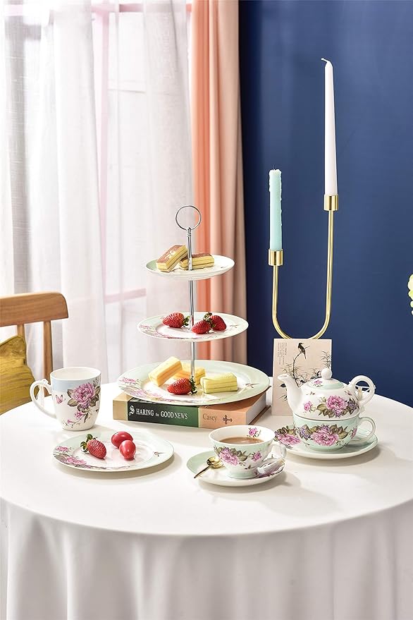 London Boutique Tea for One Teapot Cup Saucer Set Vintage Bird Rose Butterfly Flora New Bone China Gift Box (Teal)