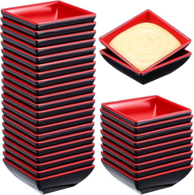 30 Pcs Dipping Sauce Bowls, Mini Soy Sauce Dishes Pinch Bowl Serving Cups Side Dish Plate Restaurant Suppplies for Condiment Ketchup BBQ Desserts Charcuterie Board(Black, Red)