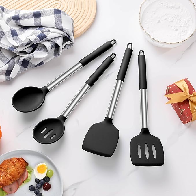 LIANYU Kitchen Cooking Utensils Set of 4, Silicone Spatula Cooking Spoon Set for Nonstick Cookware, Heat Resistant Kitchen Gadget Tools with Stainless Steel Handle, Heat Resistant Utensils, Black