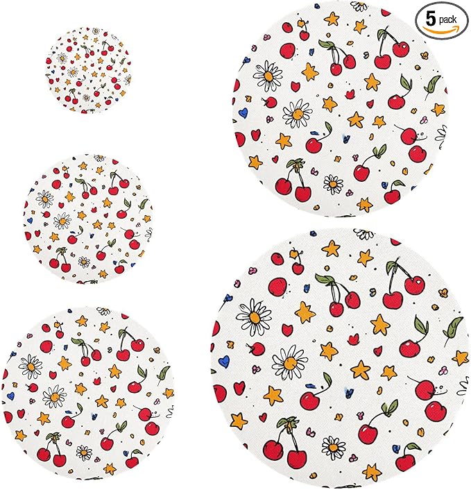 5 Pcs Bowl Covers Reusable in 5 Size Elastic Food Cover Cloth Lids Fresh Keeping Dish Cookware Bakeware Fabric Covers Lids for Food Leftovers Fruits Storage Cherry Stars Flower