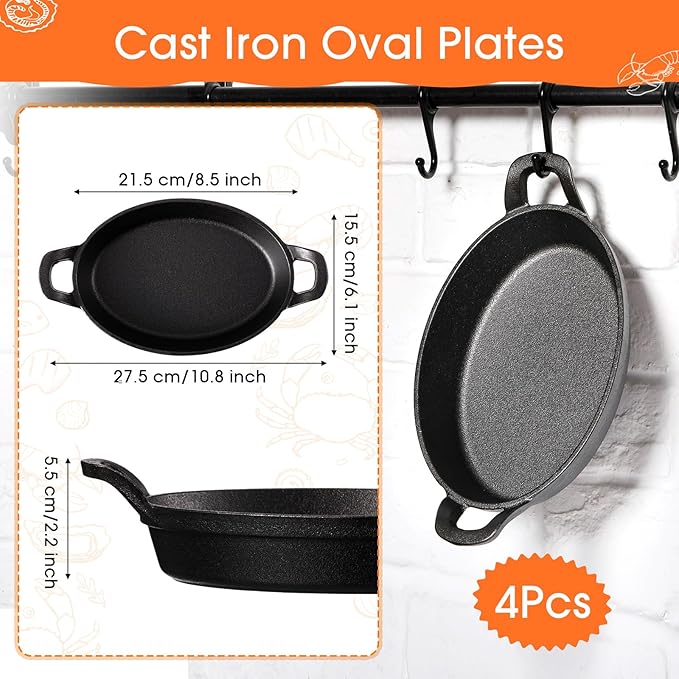 Mifoci 4 Pcs Oval Serving Dish Mini Cast Iron Skillet Cast Iron Baking Pan Sizzling Plate Matte Black Gratin Cookware for Home Restaurant Kitchen Food Service Barbecue (10.8" X 6.1")
