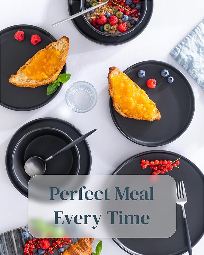 Stoneware coffee mugs set 8 pcs – 12 oz matte black ceramic cups – Dishwasher and microwave safe – Stylish large mug set – Dinner service Pure Living