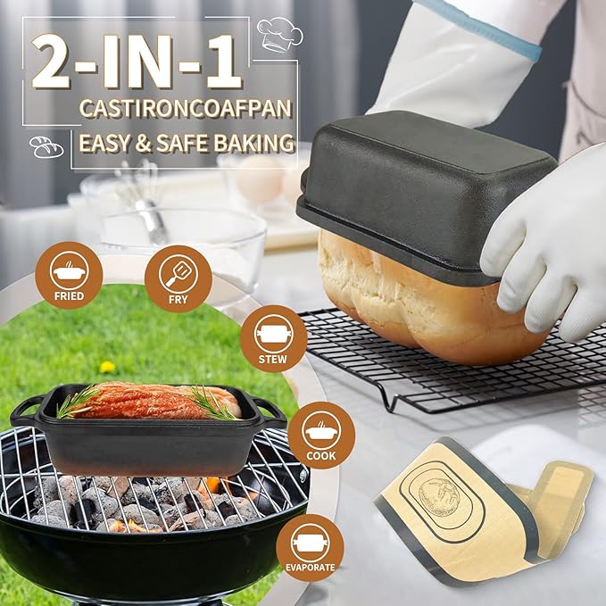 Cast Iron Bread Pan with Lid, Cast Iron Bread Loaf Pan with 2 Silicone Bread Mats, Sourdough Loaf Pan with Lid, Heavy Duty Loaf Pans for Oven Baking Bread, Bread Pans for Homemade Bread