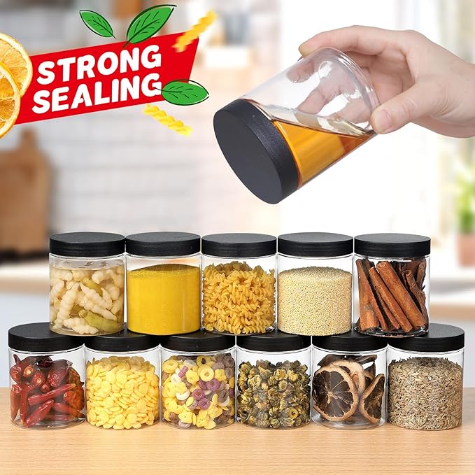 48 PCS 8 OZ Plastic Jars with Screw On Lids,Labels Refillable Empty Round Slime Containers for Storing Dry Food, Honey Jam, Cream, Butter, Lotion, black