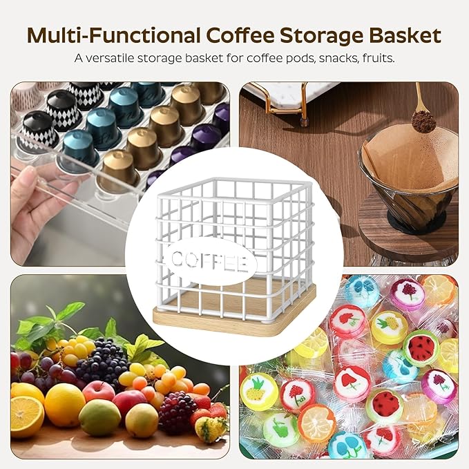Coffee Pod Holder Organizer, Large Capacity Coffee Pod Basket for K Cup, Coffee Capsule Storage Basket with Wooden Base, Space Saving, for Kitchen Countertop, White and Natural KH10WN