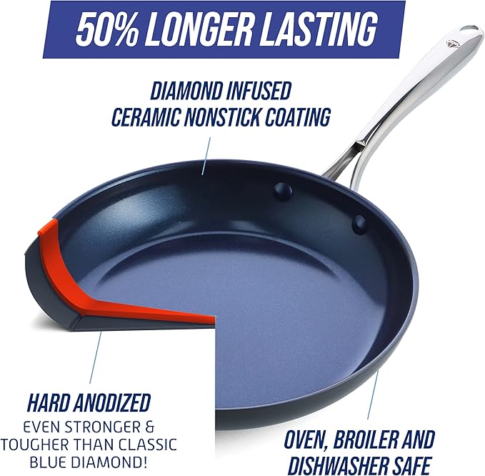 Blue Diamond Cookware Hard Anodized Ceramic Nonstick, 11" Frying Pan Skillet with Lid, PFAS-Free, Dishwasher Safe, Oven Safe, Grey