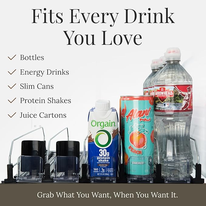 5-Piece Drink Organizer for Fridge – Spring-Loaded Rolling Can & Bottle Holder – Kitchen Storage for Soda, Water, Baby Bottles – Sliding Beverage Dispenser (Black)