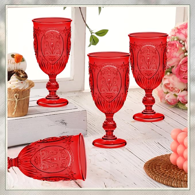 24 Pcs Plastic Goblets 7.5oz Vintage Goblet Plastic Wine Glasses Colored Retro Embossed Water Goblets for Wine Bar Juice Baby Shower Wedding Reception Grand Event Party (Red)