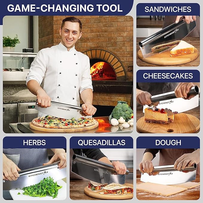 14" Pizza Making Kit (Set of 2) - 14" Pizza Cutter Rocker Knife with Blade Cover + 13" Perforated Stainless Steel Pizza Peel with Folding Handle - Ultimate Pizza Oven Accessories