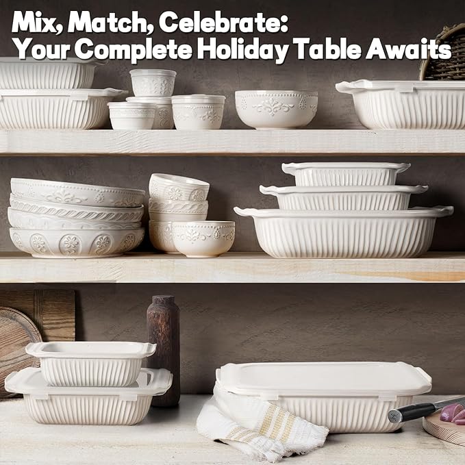 Artena Baking Dish 5.1 Quarts, Casserole Dishes For Oven, Baking Pan With Handles, Lasagna Pan Deep, Large Casserole Dish, Rectangular White Ceramic Bakeware (Baking Dish With Rack)