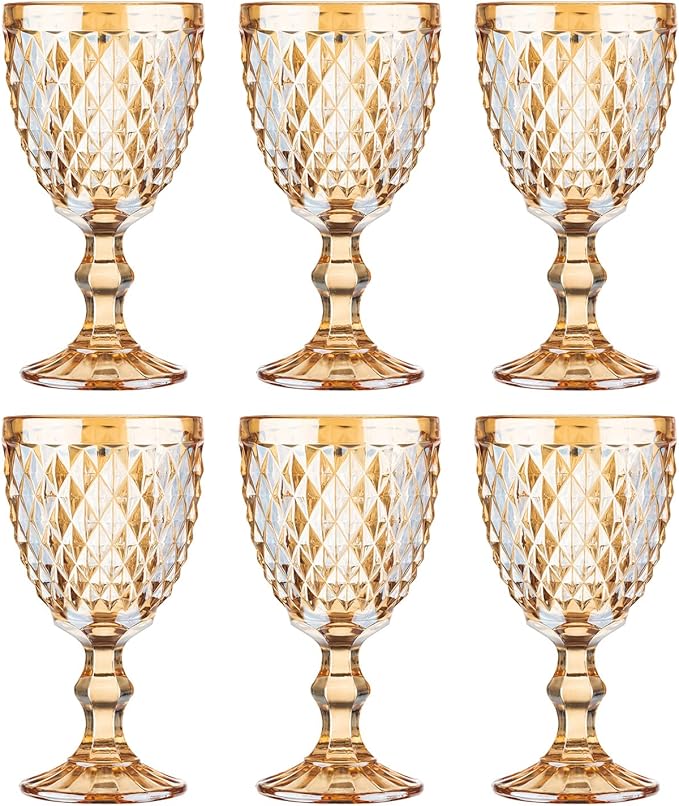 Vintage Wine Glasses Set of 6, 10 Ounce Colored Glass Water Goblets, Unique Embossed Pattern High Clear Stemmed Glassware Wedding Party Bar Glass Drinking Cups Diamond Amber