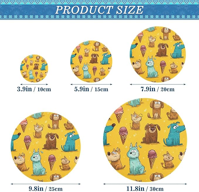 5 Pcs Bowl Covers Reusable in 5 Size Elastic Food Cover Cloth Lids Fresh Keeping Dish Cookware Bakeware Fabric Covers Lids for Food Leftovers Fruits Storage Bright Yellow Dogs and Ice Cream