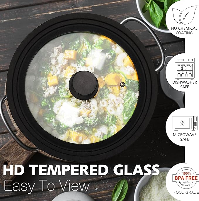 Anaeat Silicone Universal Lid for Pots, Pans and Skillets - Tempered Glass Covered with Heat Resistant Silicone Rim Fits All 7" to 12" Diameter Cookware -Easy to Use Replacement Frying Pan Cover