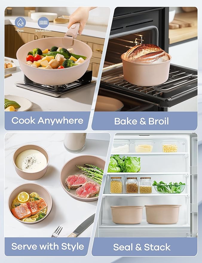 Ganiza 27pcs Nonstick Cookware Set, Pots and Pans Set Non Stick Detachable Handle, Non Toxic Cookware Sets Induction, Pots and Pans with Removable Handles, RV Cooking Set, Oven/Dishwasher Safe, Pink