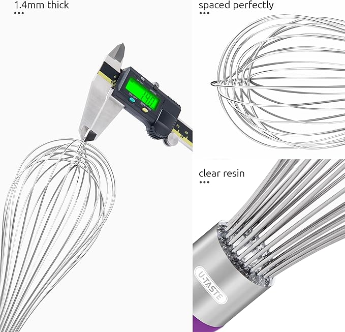 U-Taste Balloon Whisk for Cooking: 18/10 Stainless Steel Kitchen Wire Whisk, 12in Large Heavy Duty Egg Beater, Manual Mixing Tool with 12 High Flex Wires for Stirring, Blending Sauce (Purple)