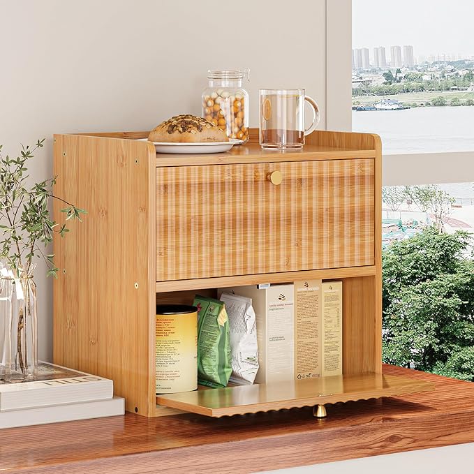 Rustic Bread Box for Kitchen Countertop Bamboo Bread Storage Container Bin Double Layer BreadBox Farmhouse Large Capacity Food Organizer (Natural Bamboo)