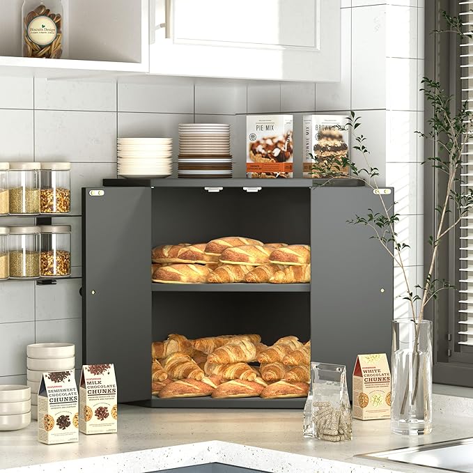 Corner Bread Box for Kitchen Countertop,Storage Container for Homemade Bread, Double Layer BreadBox, Large Capacity Bread Storage Bin, Vintage Farmhouse Breadbox Organizer,Black