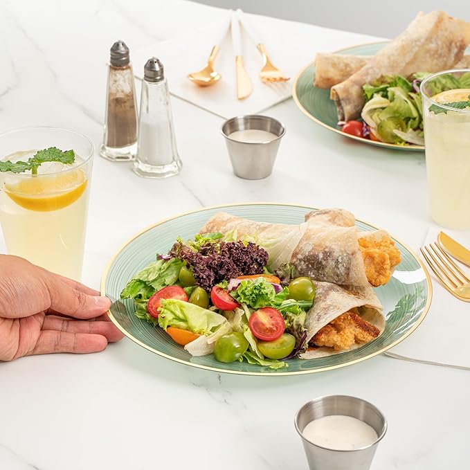 Restaurantware Plastic Plates 20 Pcs 10" Gold Rimmed Disposable Plates Heavy-Duty Green Translucent Rippled Plastic Dinner Servers for Party, Weddings, Salads, Desserts, and Appetizers