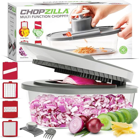 CHOPZILLA Vegetable Chopper and Mandoline Slicer for Kitchen Cuts 18x Faster, Come with 4 Blades, Scraper, & Container, All in 1 Veggie Chopper Vegetable Cutter, French Fry Cutter, Onion, Fruit, Salad