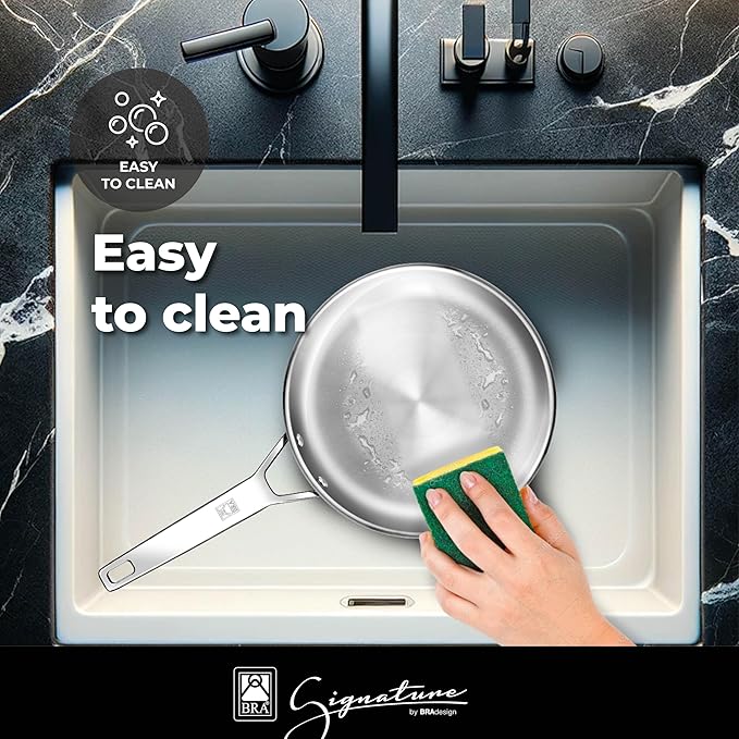 BRA COOKWARE Signature Frying Pan | 11 inches Professional Skillet | Stainless Steel Frypan | All Stovetop Compatible - Full Induction Skillet | PFOA Free | w/o Non-Stick Coating | Polished Finish