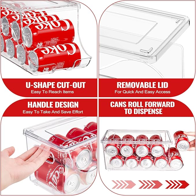 4 Pack Stackable Refrigerator Organizer, Soda Can Dispenser Pop Cans Container Beverage Holder with Lid for Fridge, Freezer, Kitchen, Clear Plastic Storage Bins-Holds 10 Cans Each -Transparent