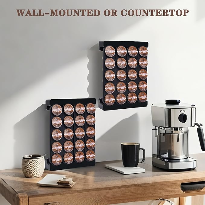 Wall Mounted Coffee Pod Holder, Holds 20 K Cup Coffee Capsules, for Wall Countertop Drawer, Black