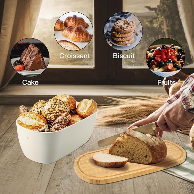 Bread Box for Kitchen Countertop - Bamboo Fiber Bread Bin with Reversible Cutting Board Lid, Juice Groove - Ventilated, Multi-Functional Storage Keeper for Freshness (14.2x7.8x5.5In, White)