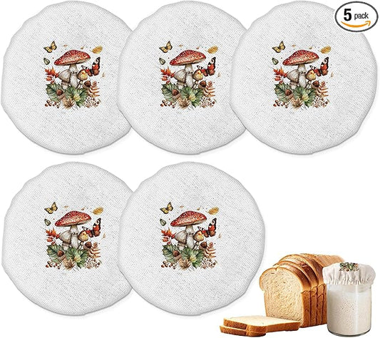 Mushrooms Leaves Herbs Sourdough Jar Cover Reusable Cloth Lid for Sour Dough Starter Jar,5 Pack Bread Fermentation Container Tops Elastic Fabric Caps