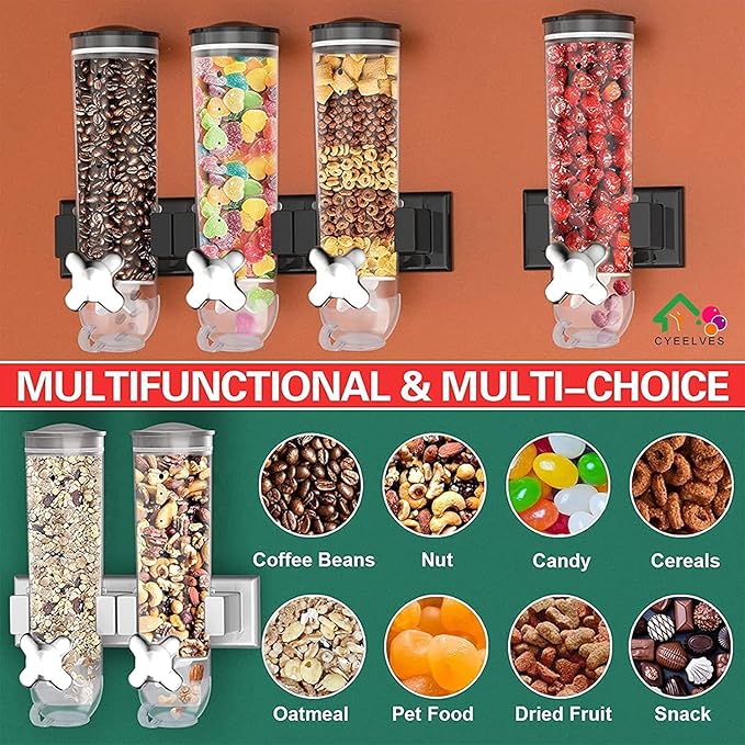 Triple Food Dispenser Wall Mounted Cereal Dispenser, Grains Dispenser Wall Mounted Dry Food Dispenser with 3 Cup, Candy Dispenser Snack Container for Kitchen Store Nut Coffee Beans 4.5L