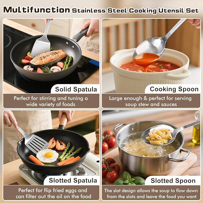 2 Pcs Spoons Cooking Utensils Set, Stainless Steel Kitchen Utensils, Heat Resistant Metal Kitchen Tools Include Solid & Slotted Serving Spoon, Ergonomic Handle, Dishwasher Safe, Easy to Clean, Silver