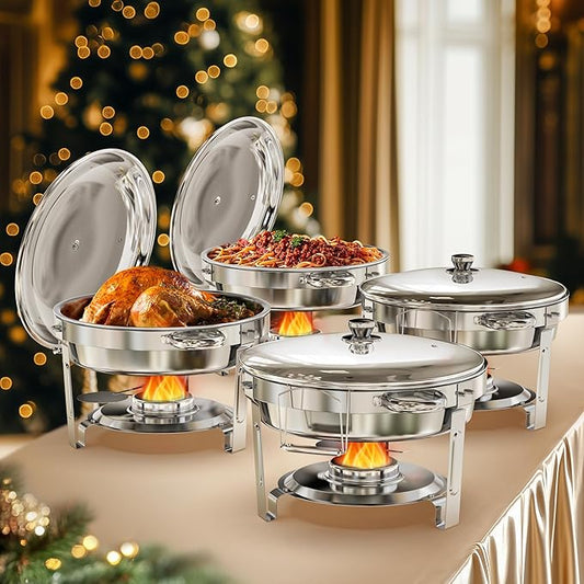Round Chafing Dishes for Buffet, 5QT 4 Pack Chafers and Buffet Warmers Set with Mirror-Polished Stainless Steel, Rolled Rim, Stackable, Lid Holder for Parties, Catering, Weddings