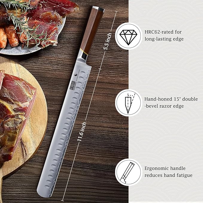 Brisket Knife 12 Inch, Japanese High Carbon Steel Carving Knife for Meat Cutting and BBQ, Razor Sharp Slicing Knives with Ergonomic Handle & Gift Box