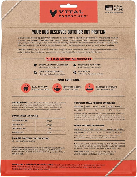 Vital Essentials Freeze-Dried Raw Lamb & Whitefish Meal or Mixer Dog Food Soft Nibs | 99% Lamb, Whitefish, Organs & Bone| 14 oz