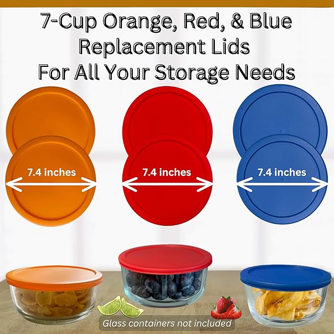 7 Cup/1.65 L Orange, Red, Blue Replacement Lids/Covers for Pyrex 7202-PC, 7 Cup/56oz Anchor Hocking & Klare Ware Storage Bowls *Lids Only* - *Glass Container Not Included* (4 Pack, Orange, Red, Blue)
