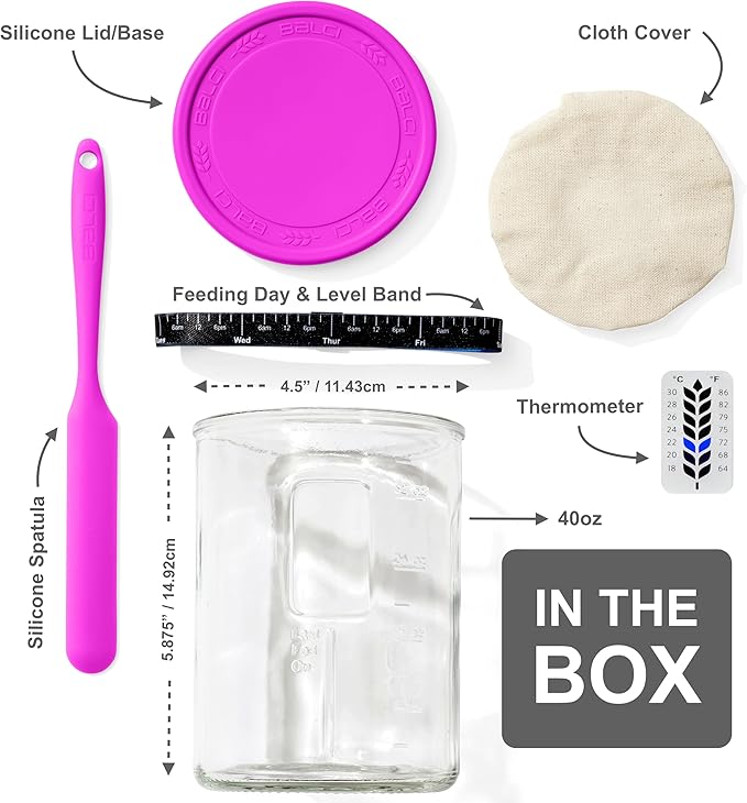 Premium Sourdough Starter Jar - 40oz Large Sourdough Jar with Marked Feeding Band, Thermometer, Scraper, Cloth Cover and Silicone Lid/Base, Wide Mouth Starter Kit - Pink