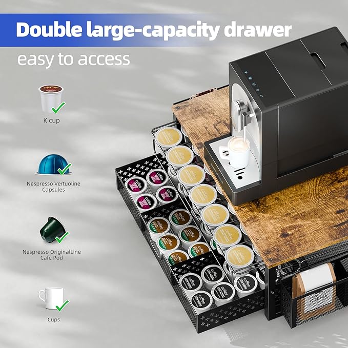 Simple Trending Coffee Pod Holder for K Cups, with 2 Tier Slidng Storage Drawer and Coffee Accessories Holder, 63 Large or 80 Small Capsule Organizer, Black