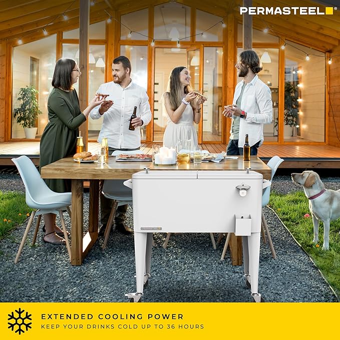 Permasteel 80 Quart Party Cooler, Rolling Ice Chest with Wheels and Handles for Indoor Outdoor Patio