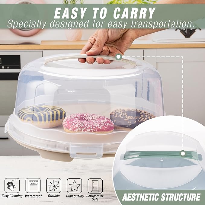 13 Inch Cake Carrier with Locking Lid and Handle, Stylish Big Round Container for Kitchen Storage, BPA Free Stand, Plastic Holder for Transporting, Donuts, Cupcakes, Pies (2 Colors Set, 13 in)
