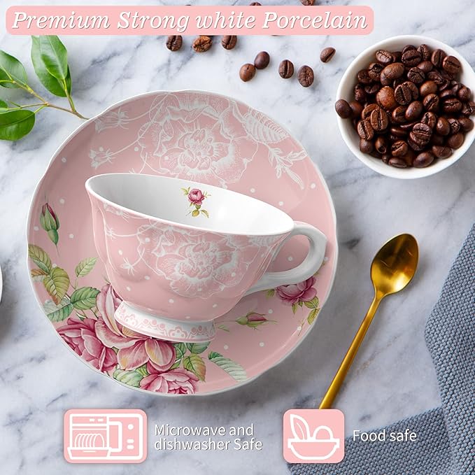 London Boutique Tea Cup and Saucer Set 2 Afternoon Tea Set New Bone China Vintage Flora Gift Box 200m (Pink)